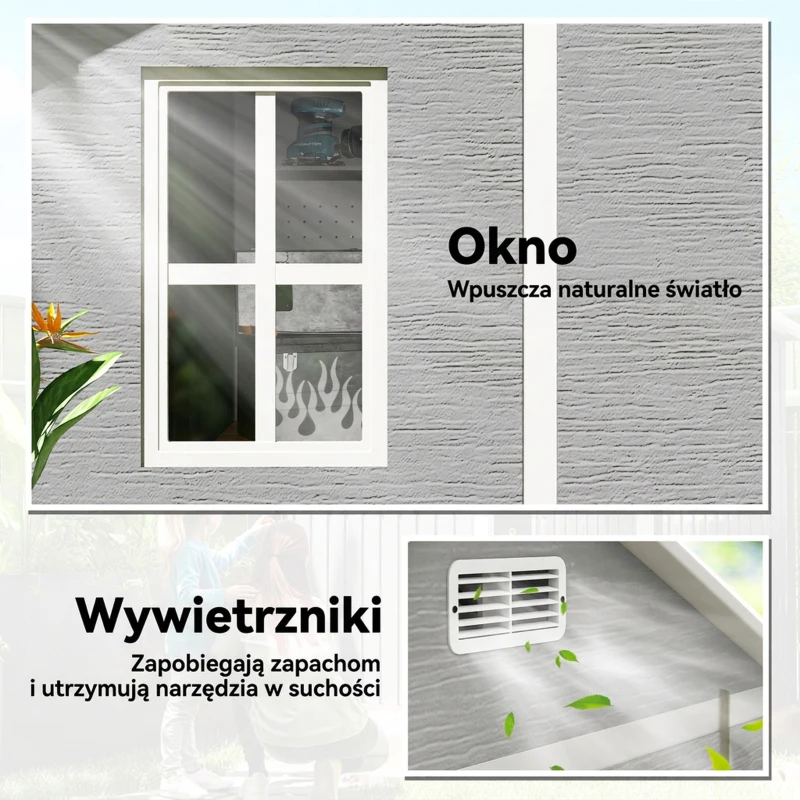 Outsunny 6 x 6ft Garden Shed, Plastic Shed with Floor, Window, Lockable Doors and Vents, Resin Tool Shed for Outdoor Patio, Grey
