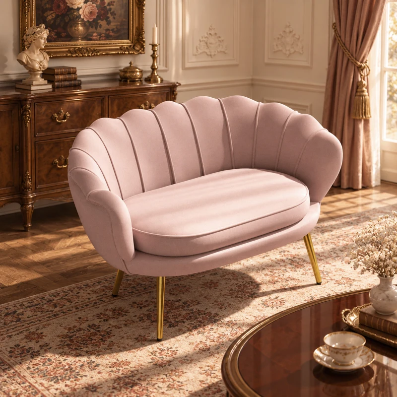 HOMCOM Divano 2 Posti in Velluto con Schienale a Conchiglia, 130x77x77cm, Rosa