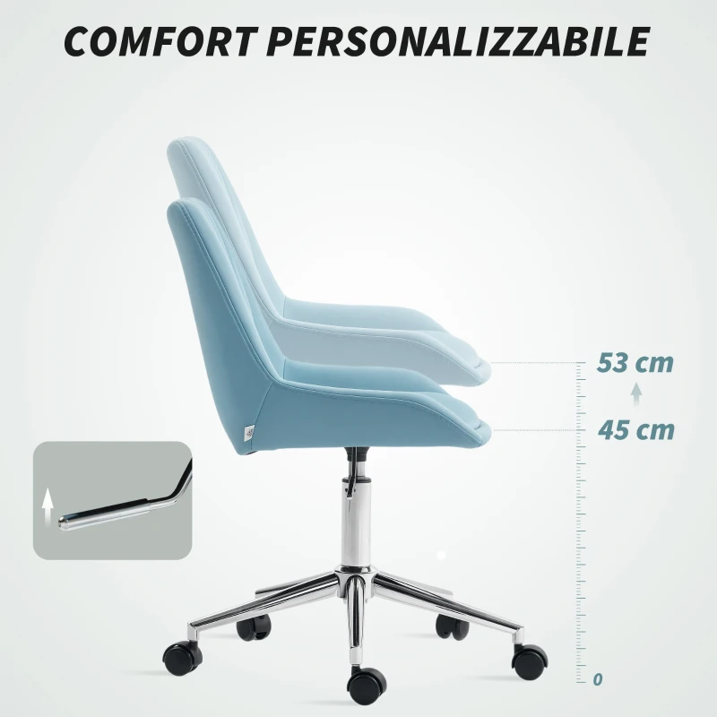 HOMCOM Sedia per Scrivania ad Altezza Regolabile con 5 Rotelle, in Silicone PU, Schiuma e Acciaio, 52x58x80-90 cm, Blu