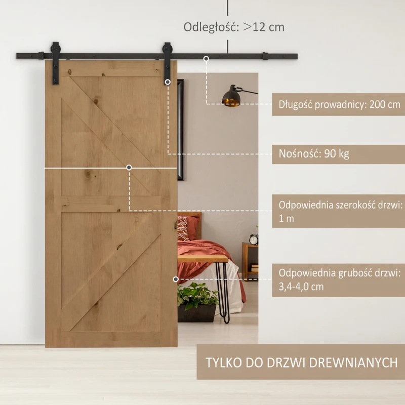 HOMCOM Zestaw szyn przesuwnych do drzwi, do 90 kg, stal węglowa, 200 cm, czarny, w zestawie narzędzia