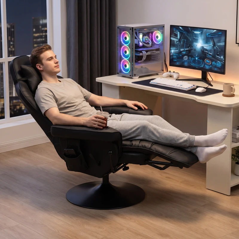 HOMCOM Gamingsessel, Massagefunktion, neigbare Lehne, Fußstütze, bis 120 kg, Stahlrahmen, Kunstleder, Schwarz(m-8)