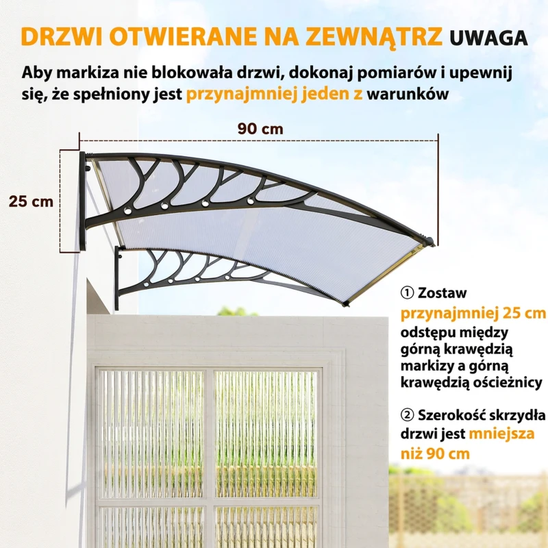 Daszek Outsunny do drzwi wejściowych, zadaszenie 90 x 150 cm, dach z poliwęglanu, półkolisty daszek z ochroną UV, ochrona przed słońcem i deszczem na zewnątrz, Biały