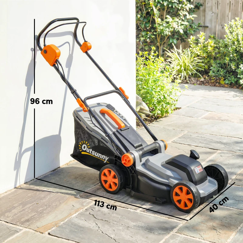 Outsunny Elektryczna kosiarka 1200 W z szerokością cięcia 34 cm, koszem na trawę o pojemności 35 litrów, funkcją mulczowania, 6 wysokościami cięcia, regulowanym uchwytem