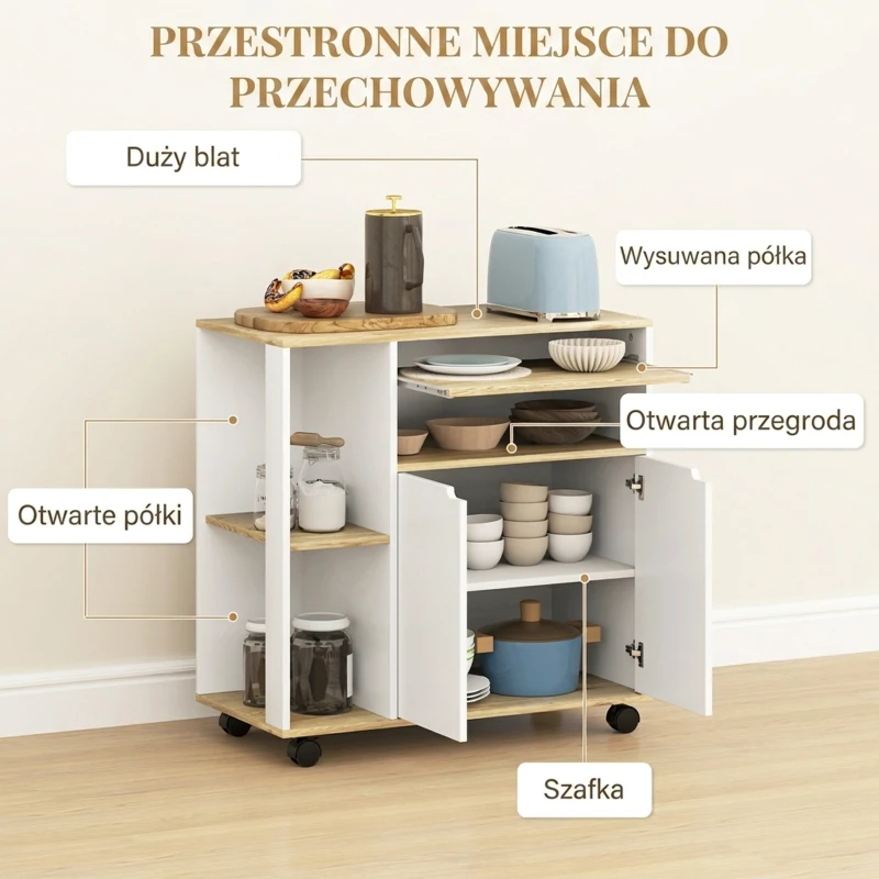 Wózek kuchenny z szafką, regulowane półki, Biały