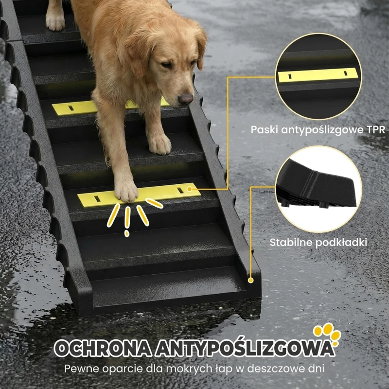 PawHut Rampa dla psów składana Schodki do auta i SUV Antypoślizgowa Rampa samochodowa dla dużych i małych zwierząt do 68 kg 154x40 cm Czarna