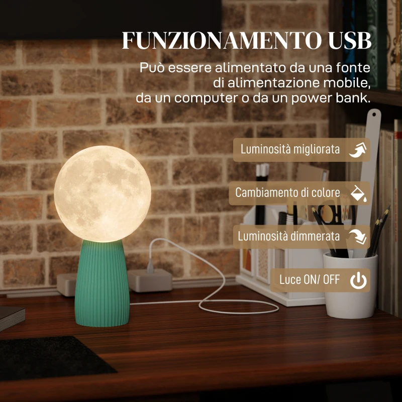 HOMCOM Lampada da Tavolo a Forma di Luna e 3 Colori con 10 Luminosità, in ABS, Ø15x28 cm, Bianco e Verde Scuro