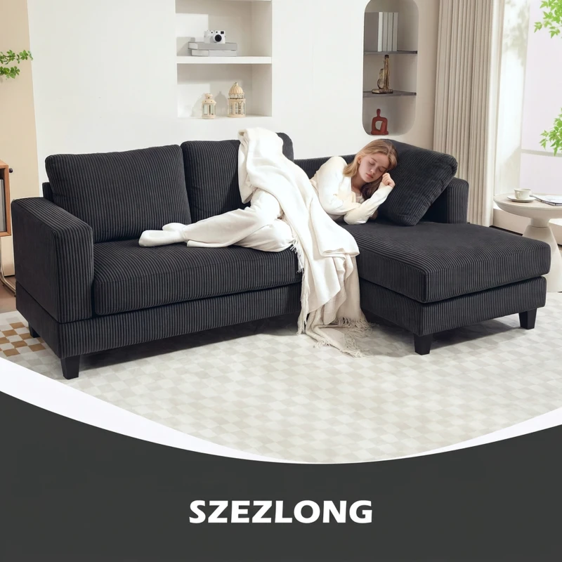 HOMCOM Sofa narożna z szezlongiem, 3-osobowa, sofa w kształcie litery L, tapicerowana narożnik z wyglądem kordu, z wysokogęstościową pianką, do 400 kg, do salonu, sypialni, 214 x 134 x 87 cm, Ciemnoszary