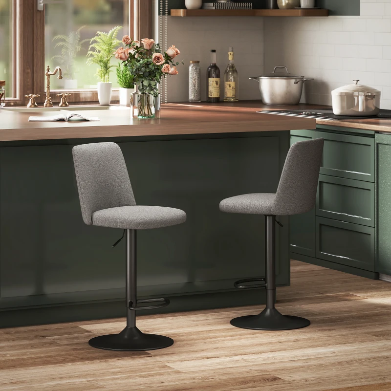 HOMCOM Set 2 Sgabelli da Bar Girevoli ad Altezza Regolabile, in Tessuto Effetto Lino, 44x53x91-111 cm, Grigio Scuro