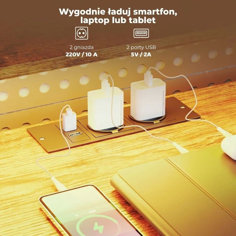 HOMCOM Biurko gamingowe w kształcie litery L z zasilaniem, oświetleniem LED, 4 szufladami, podstawką pod monitor, 155x110x91,4 cm, brązowe