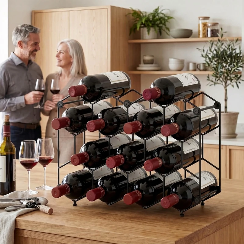 HOMCOM Stojak na wino na 13 butelek z metalową konstrukcją i wzorem plastra miodu, regulowane nóżki, zabezpieczenie przed przewróceniem, czarny, 43 x 15,5 x 31 cm