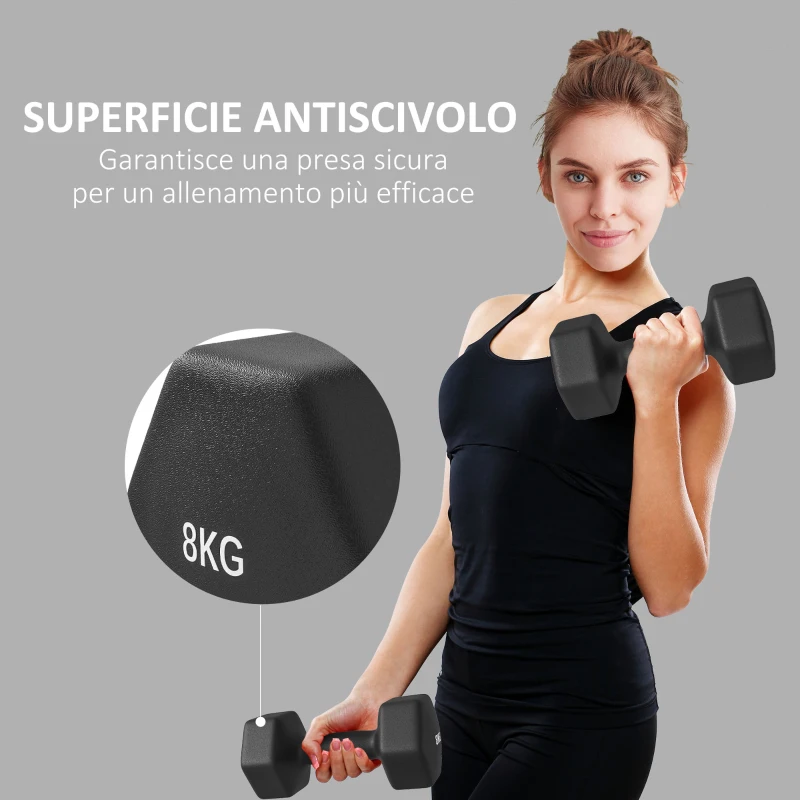 SPORTNOW Set 2 Manubri Esagonali da 2x8 kg in Metallo e Plastica con Impugnatura Antiscivolo, 24x11x11 cm, Nero