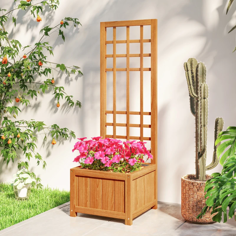Outsunny Fioriera con Traliccio per Rampicanti con Foro di Drenaggio e Fodera, in Legno, 40x40x120 cm, Marrone