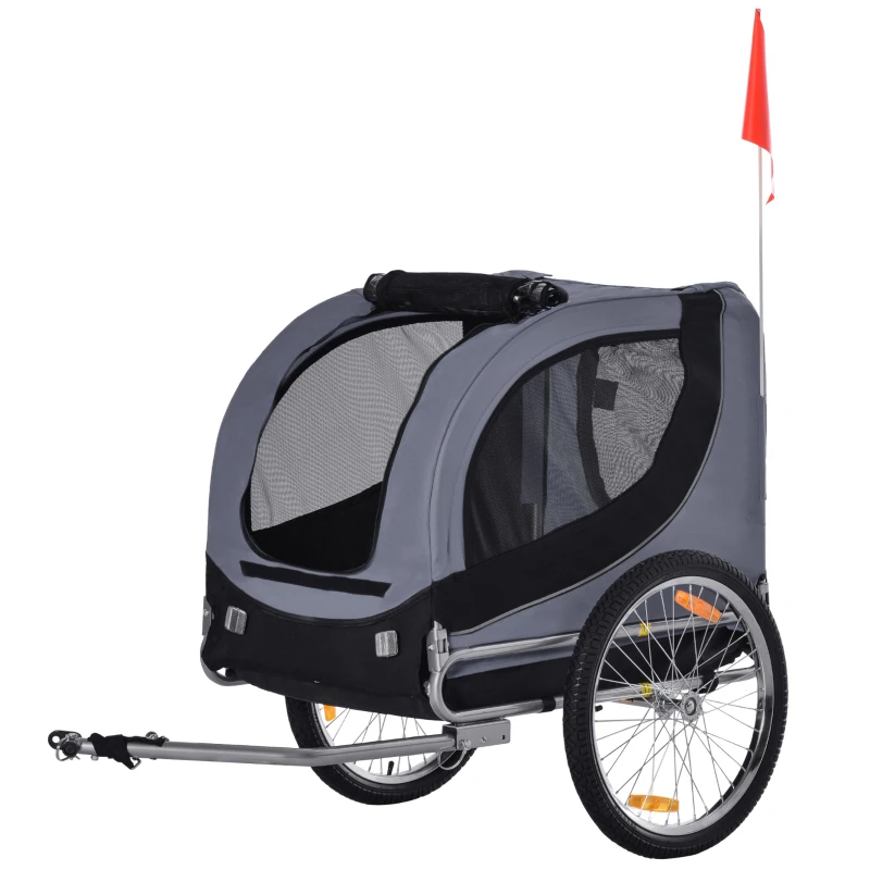 PawHut Rimorchio Bici per Cani Taglia Media con Finestre Laterali e Bandierina, 130x73x90 cm, Grigio e Nero