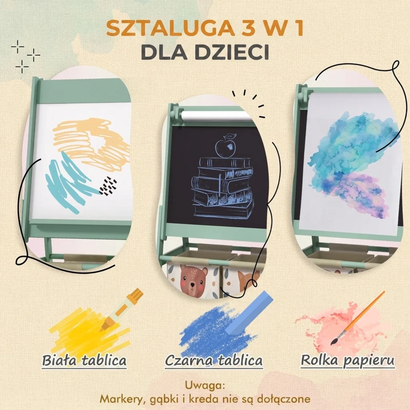 AIYAPLAY Tablica dla dzieci, 3 w 1, dwustronna easel dla dzieci, tablica do gry i nauki, Whiteboard & Tablica kredowa, z rolką papieru, 2 skrzynki na akcesoria, Design ze zwierzętami