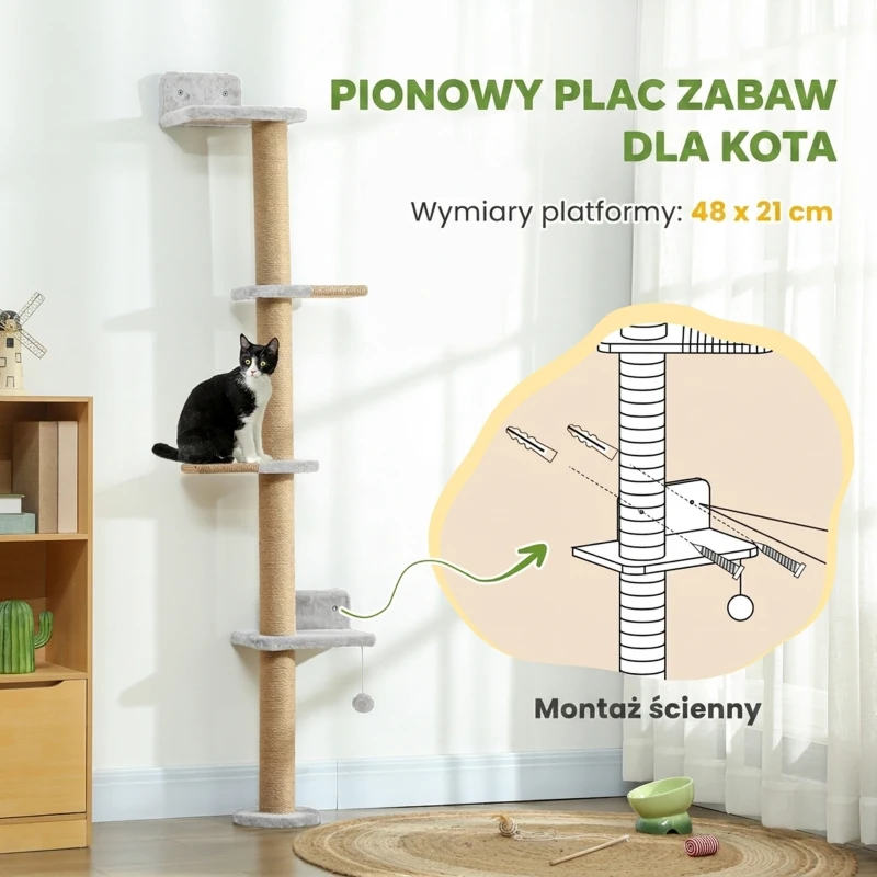 PawHut Drapak dla kota, 5-poziomowy design, zabawka, słup sizalowy, materiał pluszowy, jasnoszary