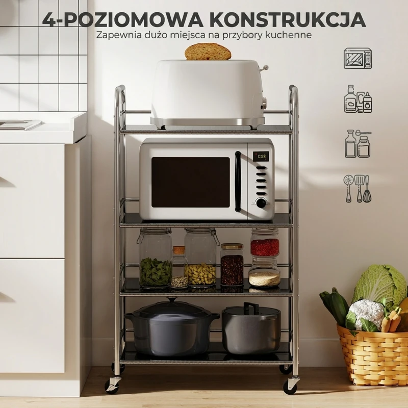 HOMCOM Wózek kuchenny, 4 poziomy, regulowane półki, uchwyty, do kuchni i salonu, srebrny, 60 x 35 x 100 cm