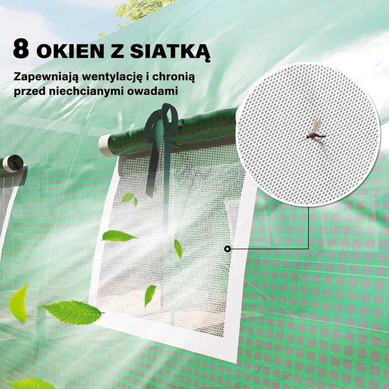 Outsunny Szklarnia foliowa ok. 4 x 3 x 2 m z rolowanymi drzwiami, 2 drzwiami na zamek błyskawiczny i 8 oknami z siatką, zielona