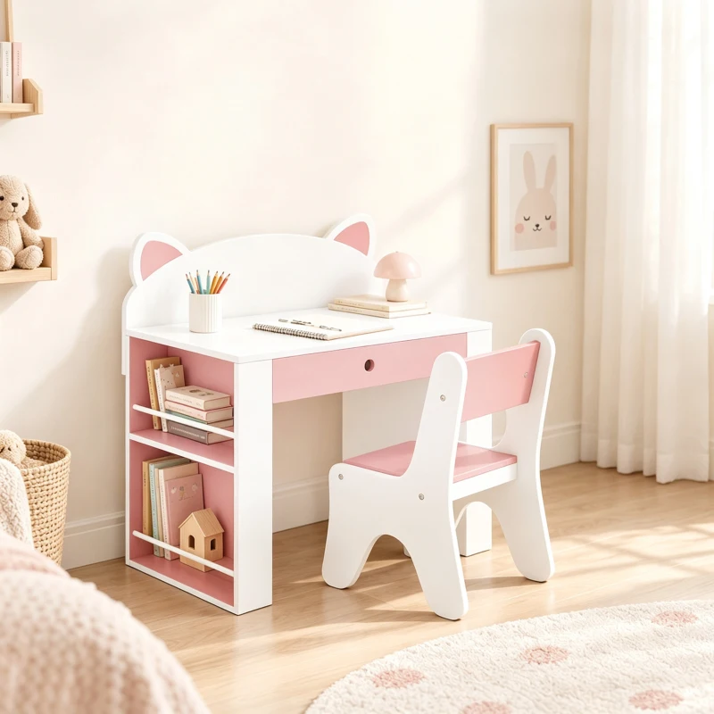 AIYAPLAY Kindertafel en stoelset voor leren en spelen, met lade en boekenrek, wit/roze