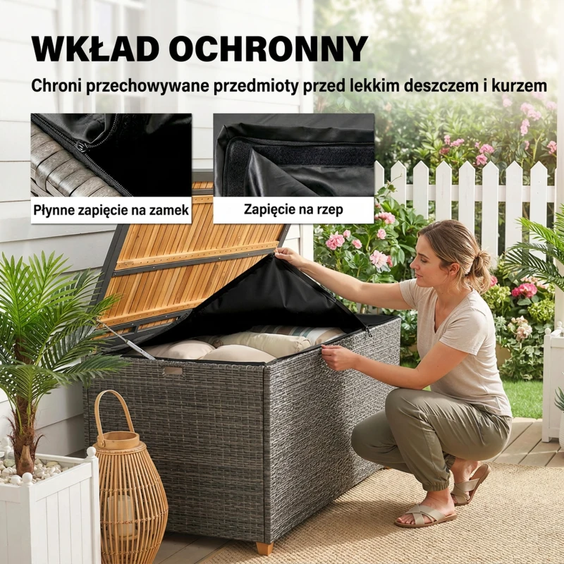Outsunny Skrzynia ogrodowa 450 L technorattan wodoodporna z pokrywą FSC sprężyny gazowe wkładka