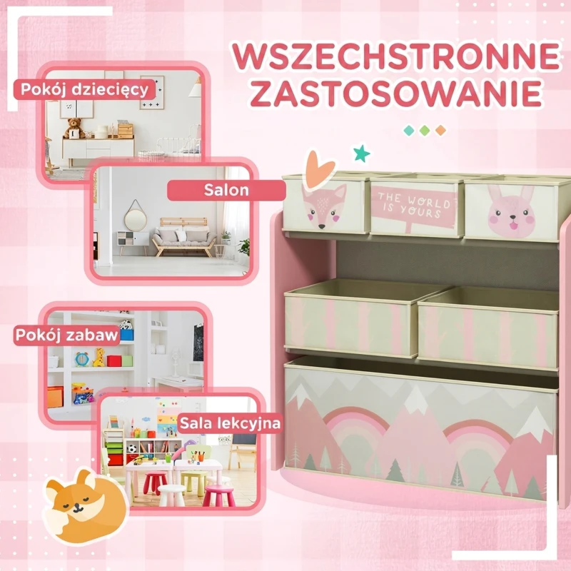 ZONEKIZ Szafka dziecięca z 6 pudełkami z tkaniny, uroczy motyw, 63x30x66 cm, Różowy