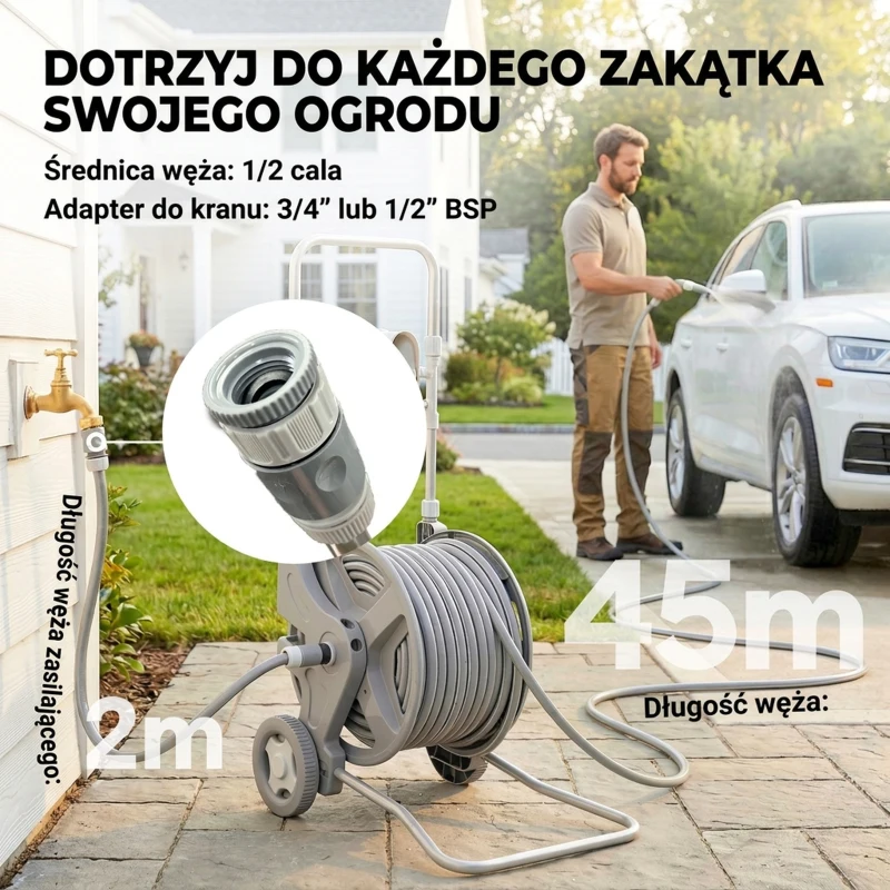 Outsunny Wózek na wąż 45 m z bębnem, 2 tryby spryskiwania, adapter, korba, 2 koła, 45 x 44 x 78 cm, szary