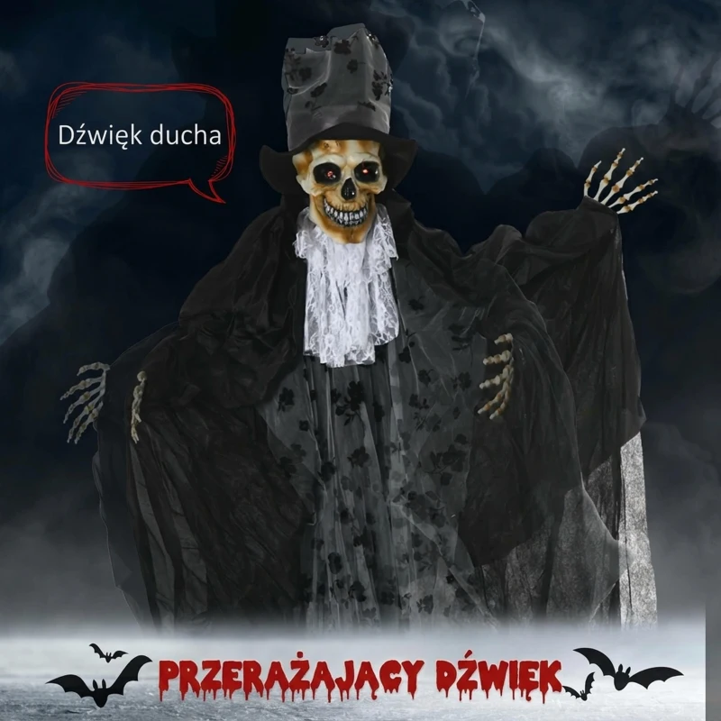 Outsunny 183cm Dekoracja Halloween Ruchomy Duch Pana Młodego w Naturalnej Wielkości z Szkieletem, Miga Oczami i Efektami Specjalnymi oraz Funkcją Dźwiękową