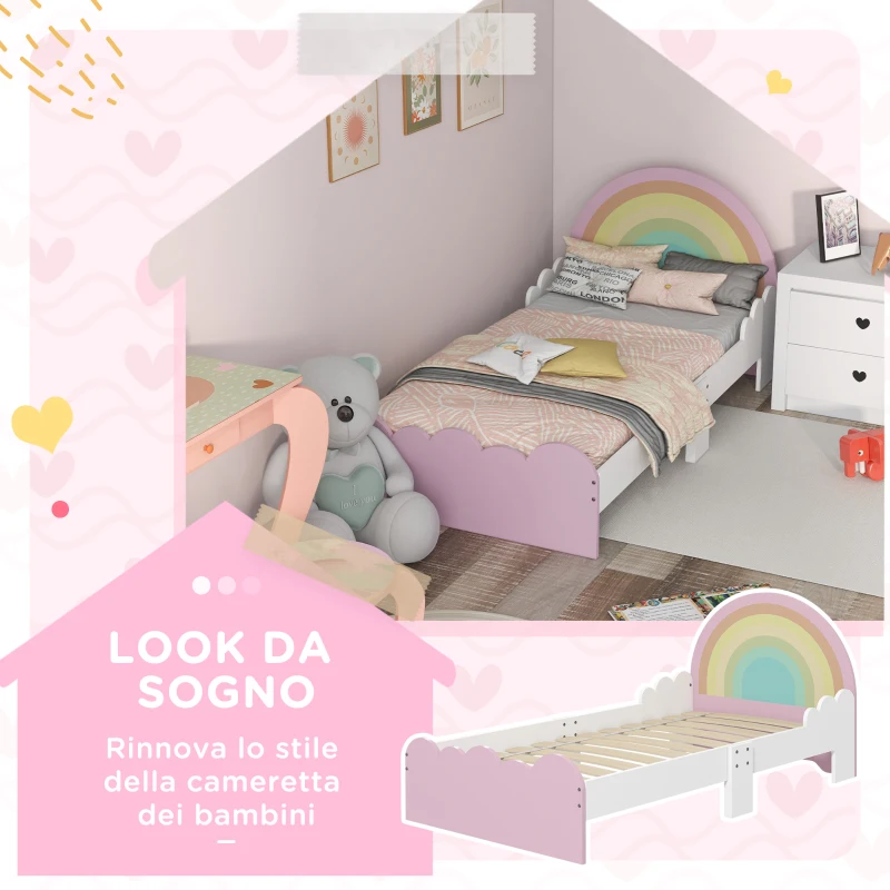 ZONEKIZ Lettino per Bambini 3-6 Anni con Sponde Laterali Anticaduta in MDF, 143x74x66 cm, Bianco e Rosa