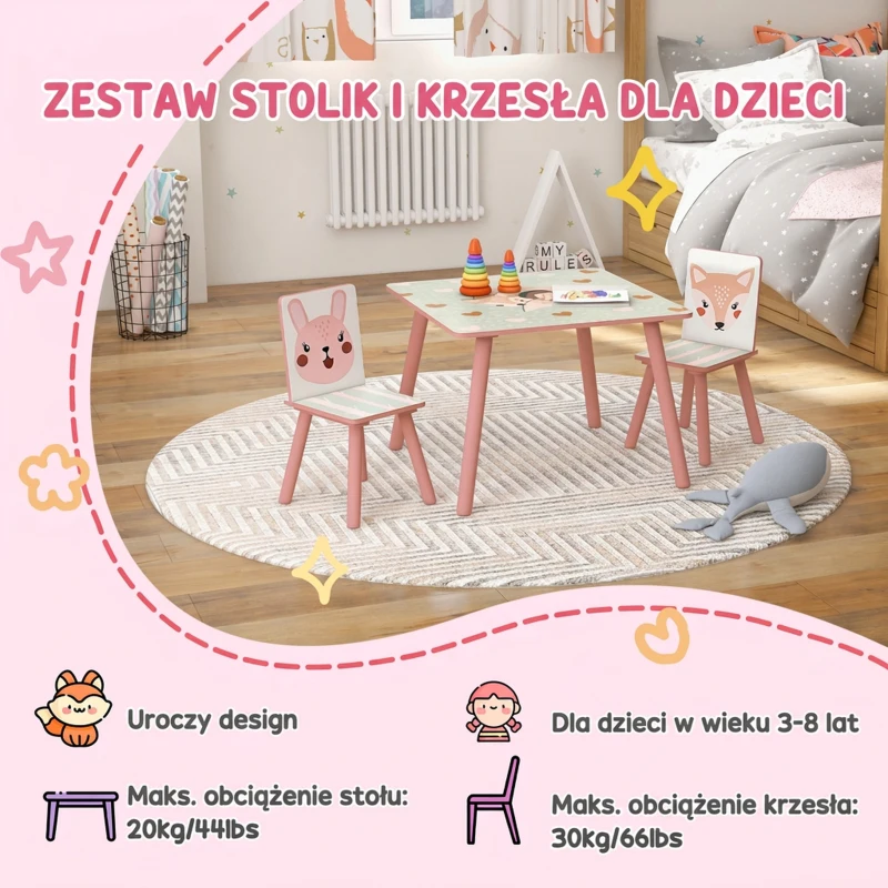 ZONEKIZ Dziecięcy zestaw z sosny, stół z 2 krzesłami, motyw zwierzęcy, pokój dziecięcy, 3-8 lat, Różowy