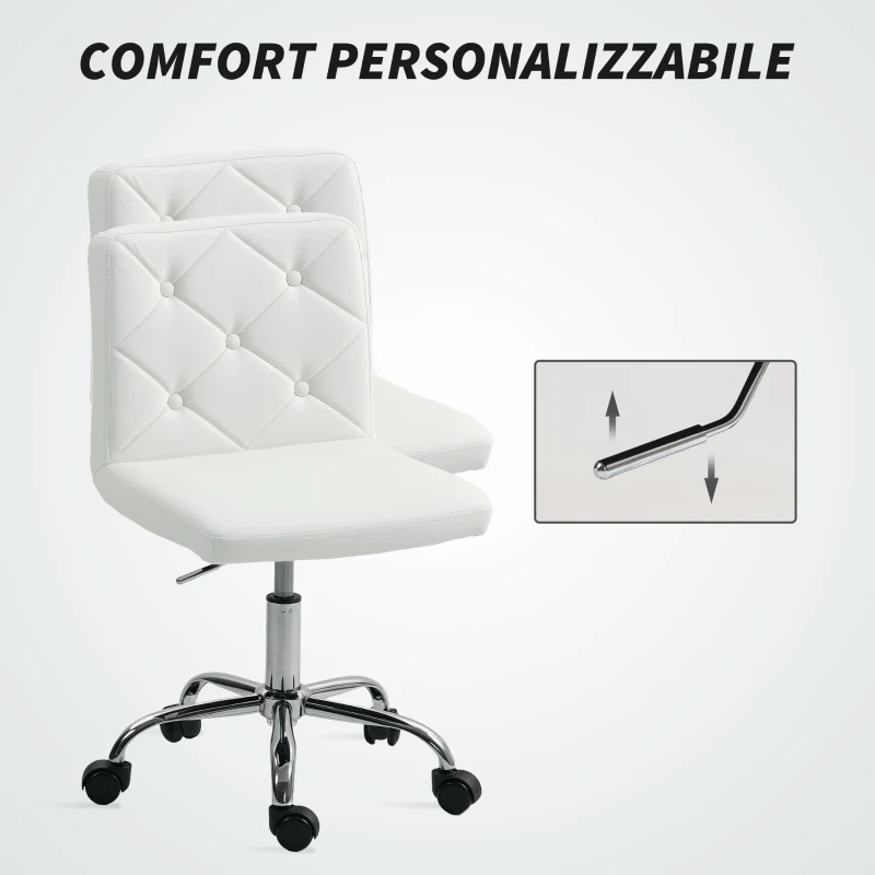 HOMCOM Sedia da Ufficio Regolabile con Rivestimento a Bottoni, in Pelle PU, Schiuma e Acciaio, 44x50x78-88 cm, Bianco