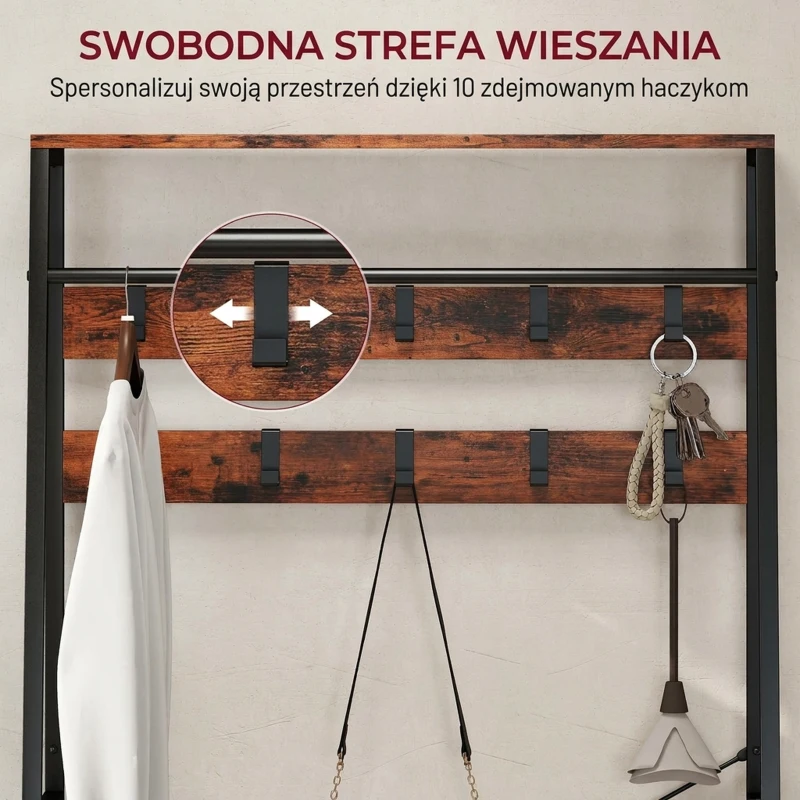 HOMCOM Garderoba, Wieszak na ubrania z 10 regulowanymi haczykami, Półka na buty, Szuflada z tkaniny, Wieszak w stylu industrialnym dla przedpokoju, Sypialni, Salonu, Rustykalny brąz, Wysokość 180 cm