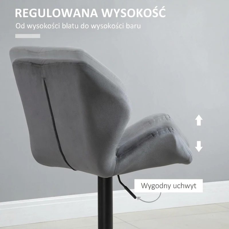 HOMCOM Zestaw 2 Barhockerów, Obite Barstoły z Metalową Ramą, Oparciem, Wygląd Aksamitu, Regulowana Wysokość, Krzesła Kuchenne z Podnóżkiem, Obrotowe 360°, do Kuchni, Salonu, Jadalni, Szare