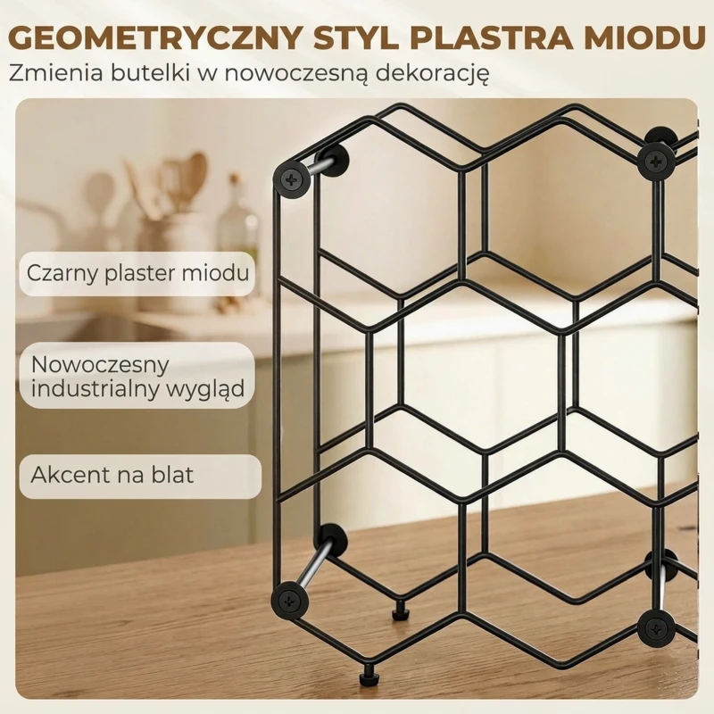 HOMCOM Stojak na wino na 13 butelek z metalową konstrukcją i wzorem plastra miodu, regulowane nóżki, zabezpieczenie przed przewróceniem, czarny, 43 x 15,5 x 31 cm