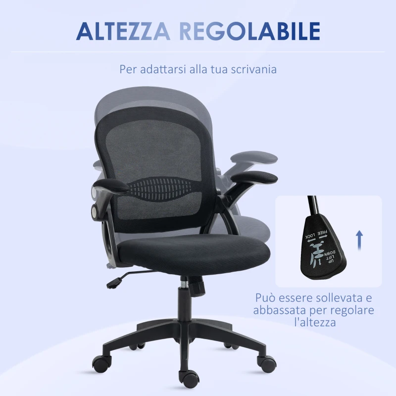 Vinsetto Sedia da Ufficio Ergonomica con Schienale a Rete e Altezza Regolabile, 65.5x61.5x88-97.5cm, Nero