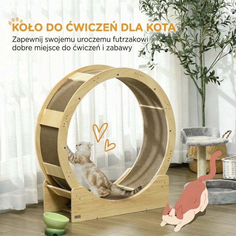 Kocie koło biegowe 91 cm z hamulcem, deska do drapania, dąb