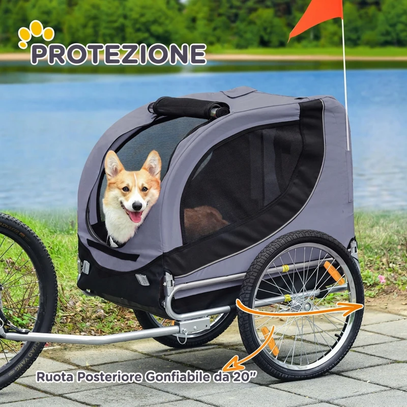 PawHut Rimorchio Bici per Cani Taglia Media con Finestre Laterali e Bandierina, 130x73x90 cm, Grigio e Nero
