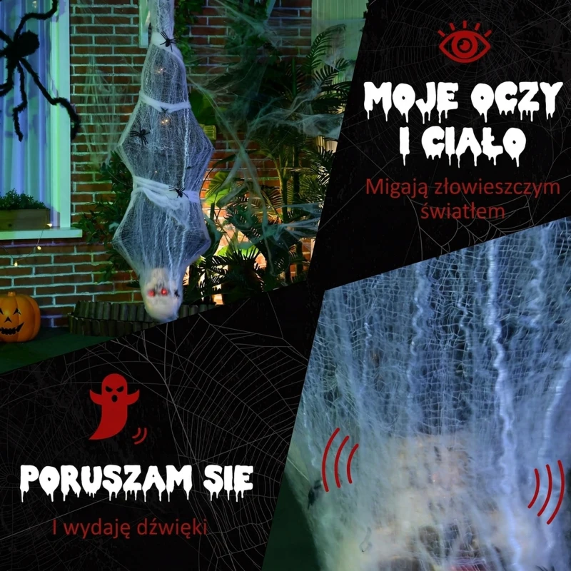 HOMCOM Mumia na Halloween 170 cm, Wiszące Szkieleto z Świecącymi Oczami, Dźwięki Horroru, Dekoracja Drzwi z Siecią Pająka w Naturalnej Wielkości do Użycia Wewnątrz i Na Zewnątrz
