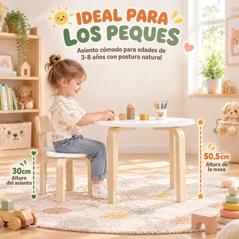 AIYAPLAY Mesa Infantil con 2 Sillas Apilables 3 Piezas Mesa Redonda Juego de Madera Niños 3-8 Años para Guardería Aulas Blanco