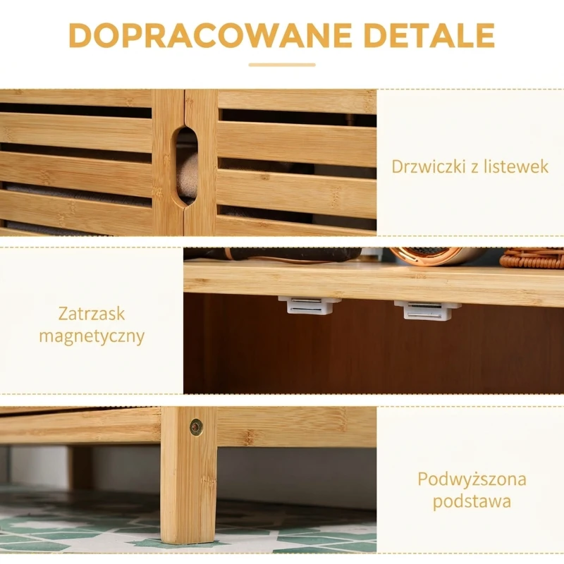 kleankin Szafka łazienkowa, komoda z lamelowymi drzwiami, regał łazienkowy, bambusowy, naturalne drewno