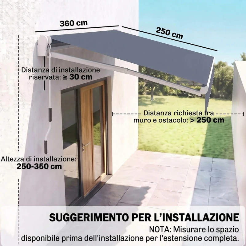 Outsunny Tenda da Sole per Esterno a Bracci Avvolgibile con Apertura a Manovella, 360x250 cm, Grigio