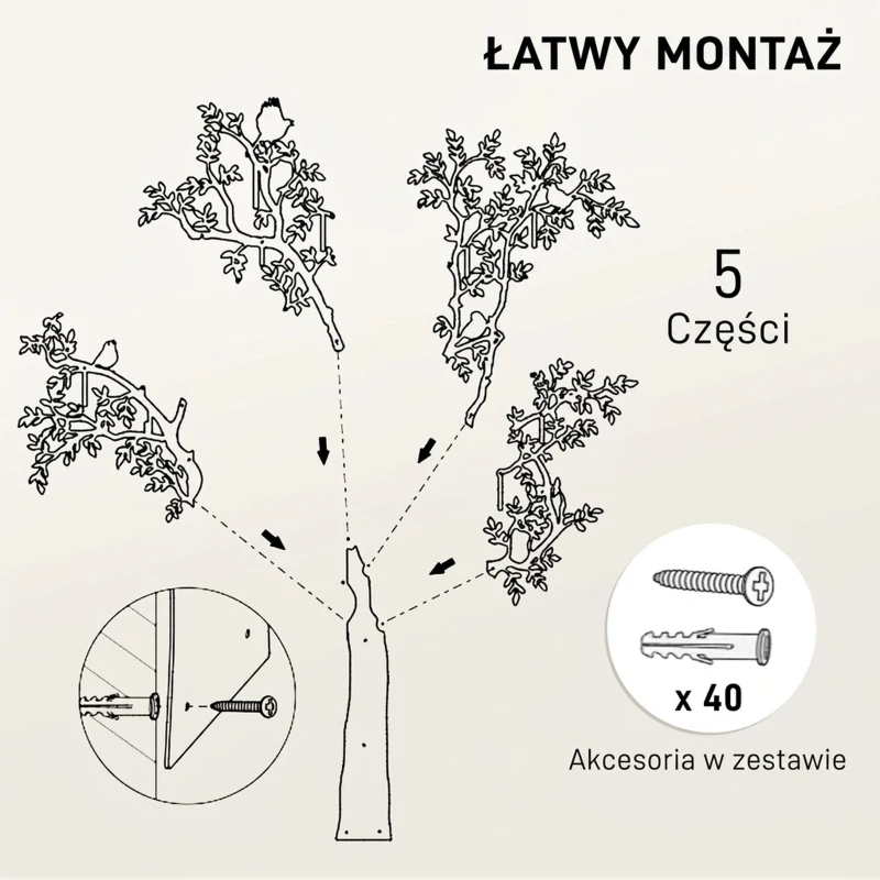 HOMCOM Wieszak ścienny, Wieszak na płaszcze montowany na ścianie, Design drzewa z ptakami, Czarny