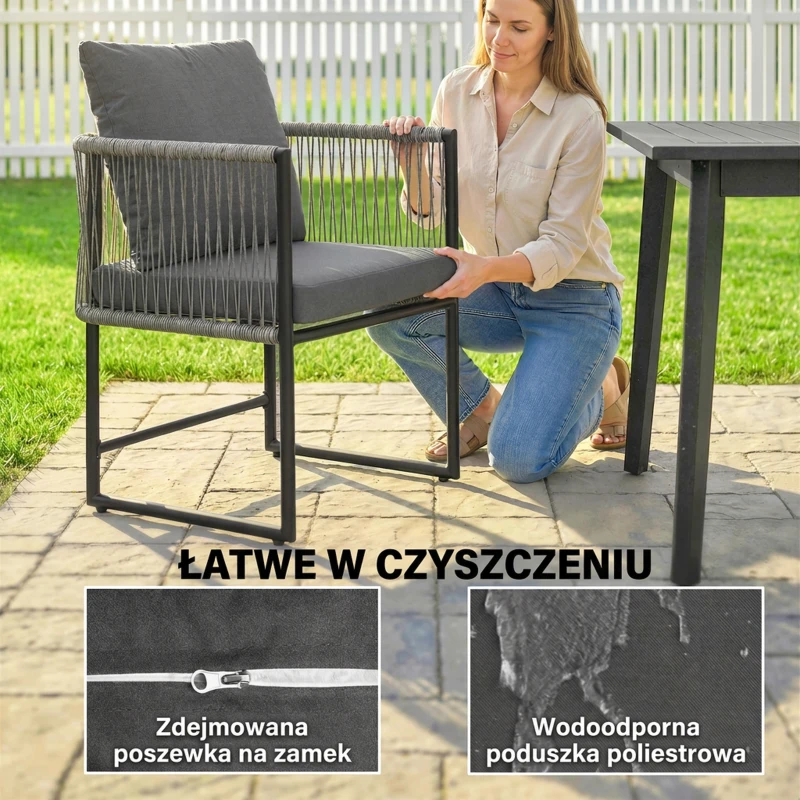 Outsunny Zestaw 2 Krzeseł Ogrodowych z PE-Rattanu i Stali z Poduszkami, Oparciem i Podłokietnikami, 52x52x66 cm, Ciemnoszare