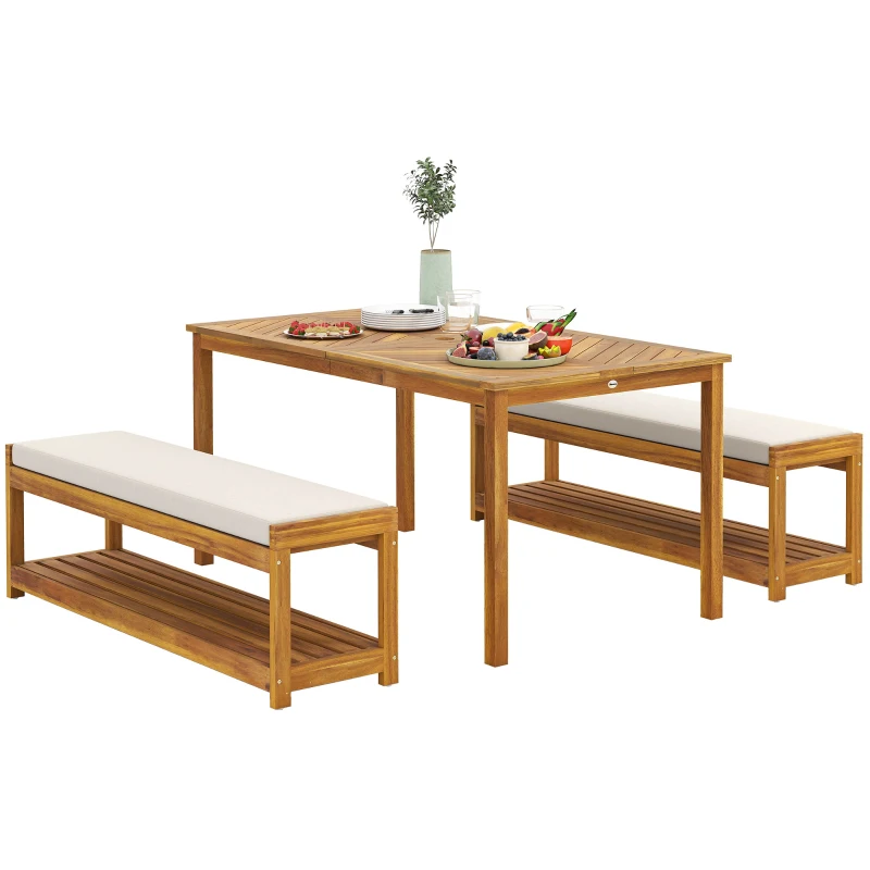 Outsunny 4 Seater Garden Furniture Set, 3 Pieces Garden Table and Benches with Cushions, Umbrella Hole, Outdoor Garden Dining Set with Slatted Top Table for Patio, Teak