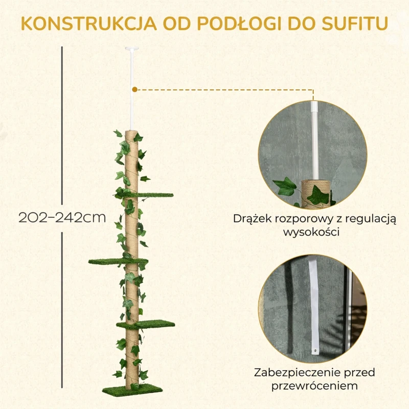 PawHut Drapak dla kota, wysoki, regulowana wysokość 202-242 cm