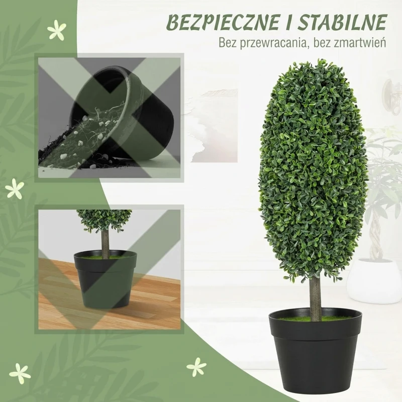 HOMCOM Set of 2 Decorative Artificial Plants, 60cm UV Resistant Faux Olive-Shaped Topiary with Plastic Pot and Flocking, Fake Plants for Indoor Outdoor Decor, Green