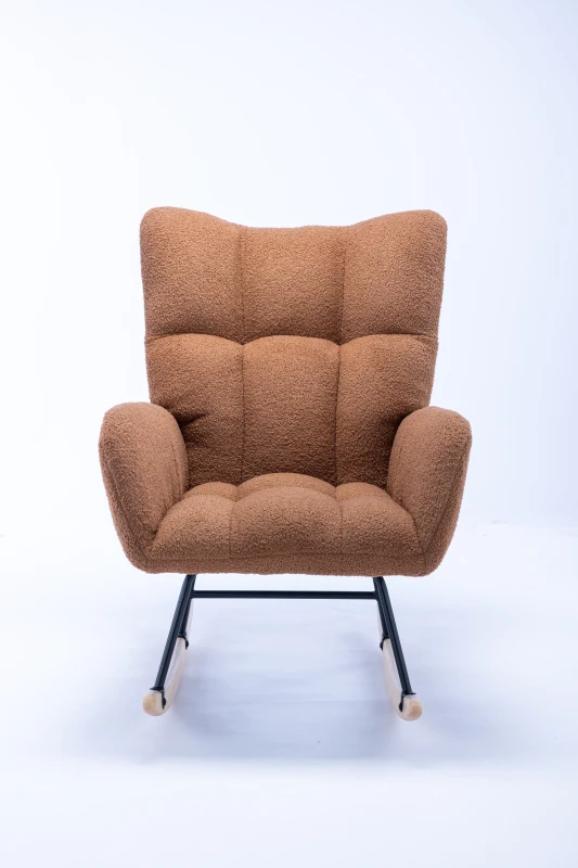 Fauteuil à bascule en tissu teddy, avec poche, dossier enveloppant et base en bois massif, pour salon ou chambre d’enfant, Marron