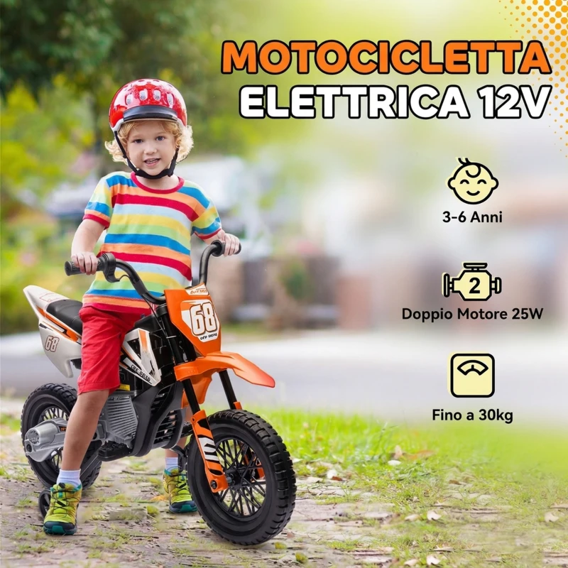 AIYAPLAY Moto Elettrica per Bambini con Rotelle Rimovibili, Sospensioni, Suoni e Indicatore di Carica, Arancione