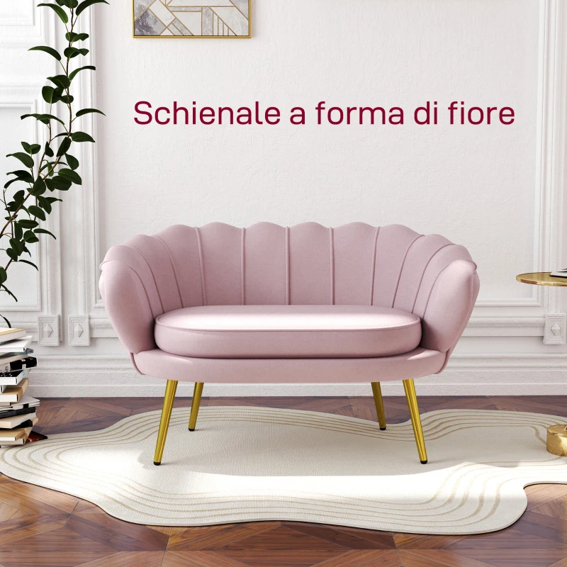 HOMCOM Divano 2 Posti in Velluto con Schienale a Conchiglia, 130x77x77cm, Rosa