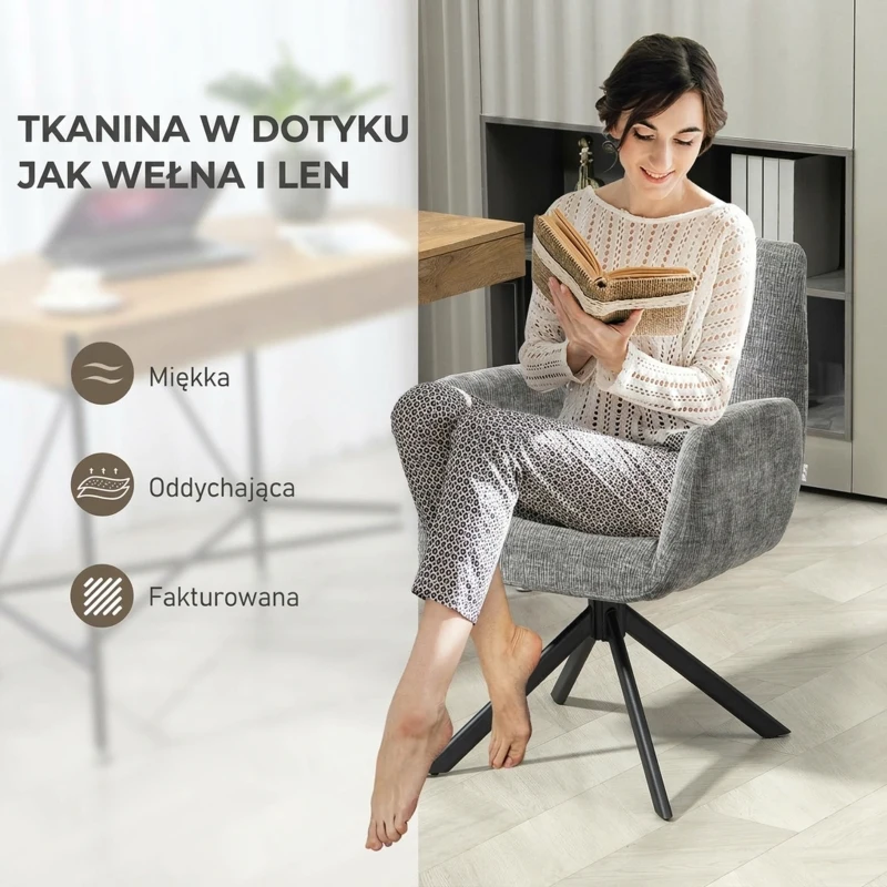 Obrotowy fotel lounge z podłokietnikami, szary, len-welur