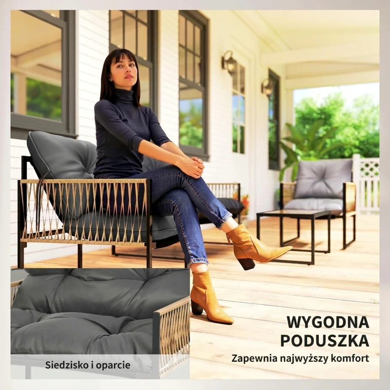 Outsunny 4-częściowy zestaw mebli ogrodowych z rattanu, komplet wraz z poduszkami, zestaw wypoczynkowy z 1 stolikiem kawowym z szklanym blatem, 2 fotelami i 1 dwuosobową sofą, stal, brązowy