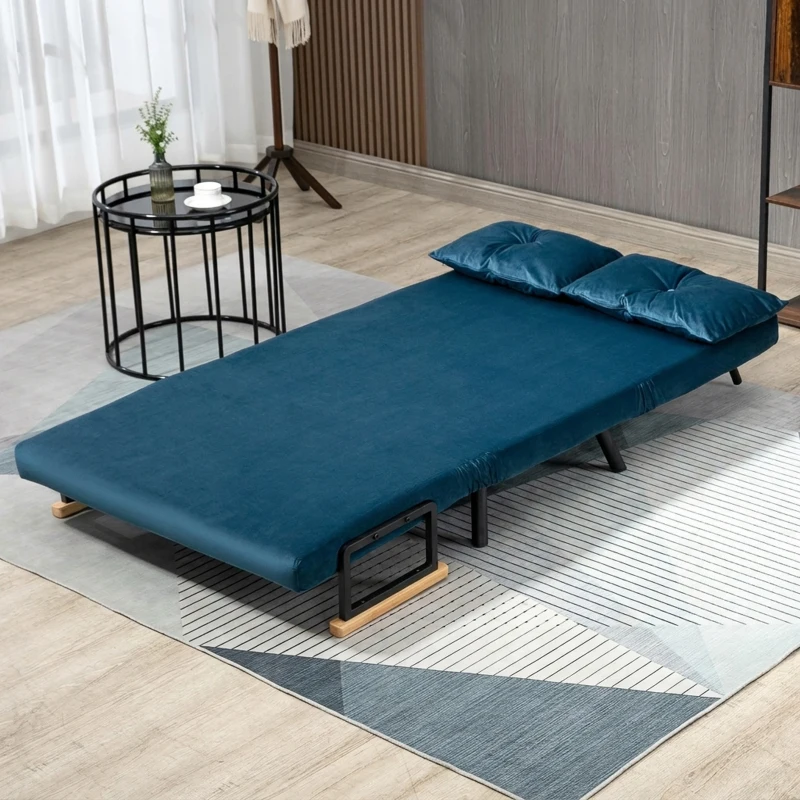 HOMCOM Sofa do spania 2-osobowa Sofa z aksamitu, z funkcją spania, w zestawie 2 poduszki, w aksamitnym wykończeniu, Naturalne + Niebieskie
